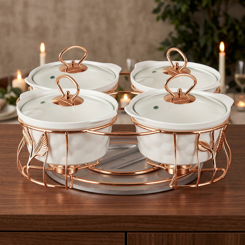 Royal Rose Gold 4 Piece Ceramic Serving Set with Revolving Stand