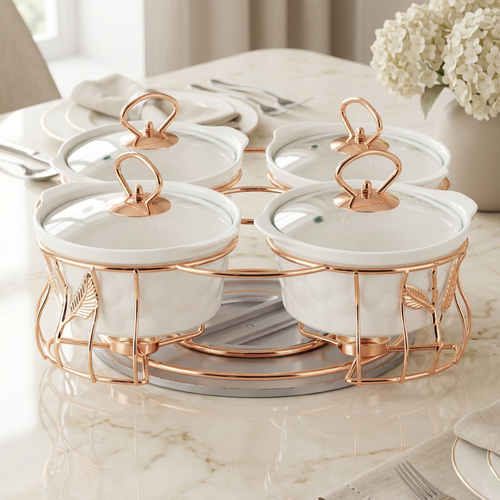 Royal Rose Gold 4 Piece Ceramic Serving Set with Revolving Stand