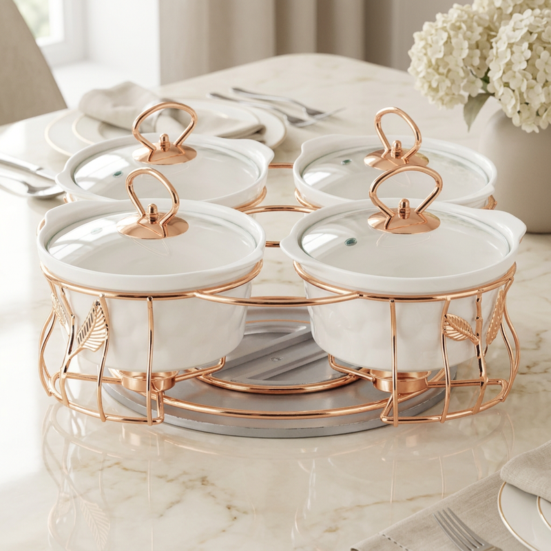 Royal Rose Gold 4 Piece Ceramic Serving Set with Revolving Stand