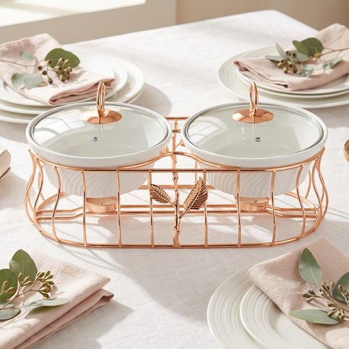 Rose Gold 2 Piece Ceramic Chafing Dish Set with Tealight Warmers