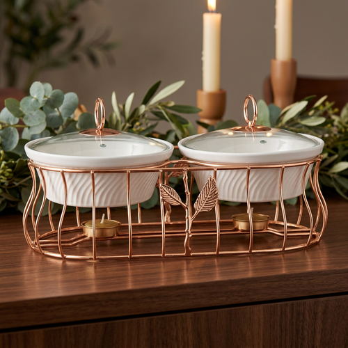 Rose Gold 2 Piece Ceramic Chafing Dish Set with Tealight Warmers