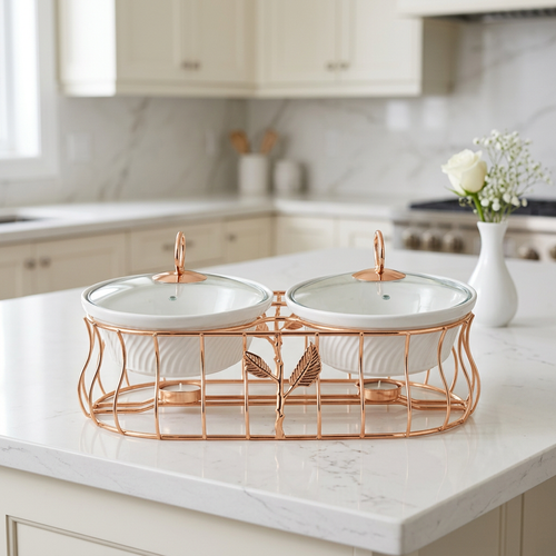 Rose Gold 2 Piece Ceramic Chafing Dish Set with Tealight Warmers
