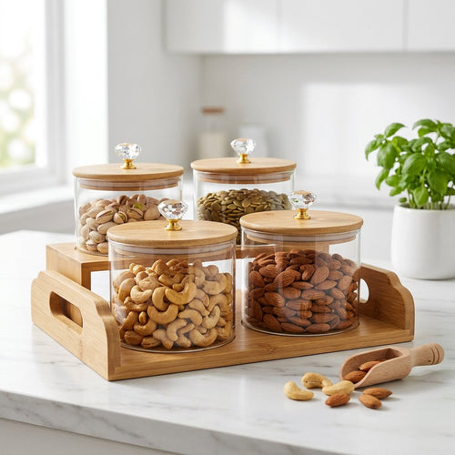 Elegant Round Glass Jar Set with Wooden Display Stand