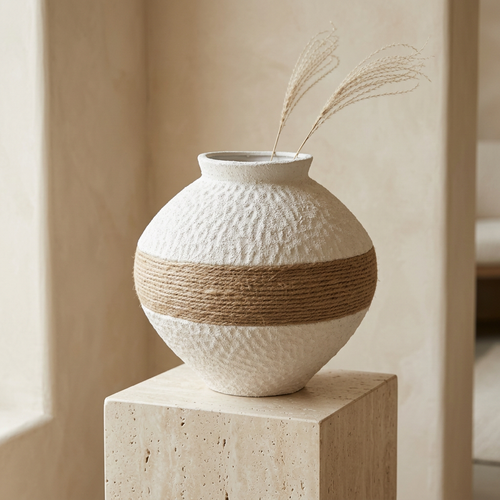 Elegant Round Textured Vase with Jute Belt