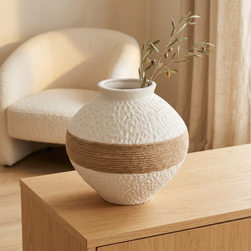 Elegant Round Textured Vase with Jute Belt