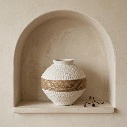 Elegant Round Textured Vase with Jute Belt