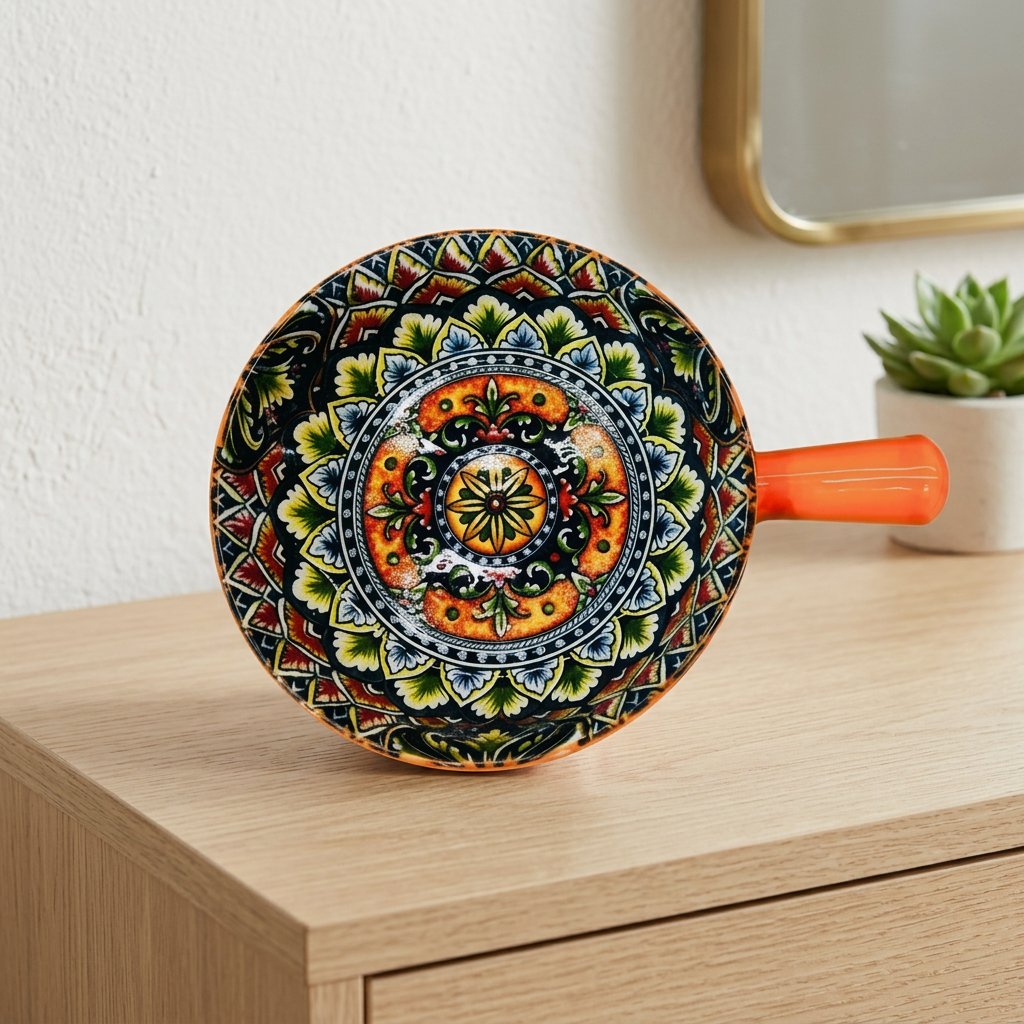 Vibrant Mandala Round Ceramic Serving Bowl with Handle