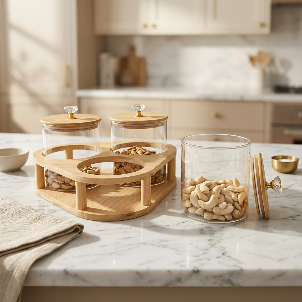 Clear Glass Storage Jar Set with Wooden Lids and Serving Stand