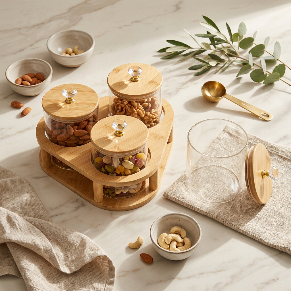 Clear Glass Storage Jar Set with Wooden Lids and Serving Stand