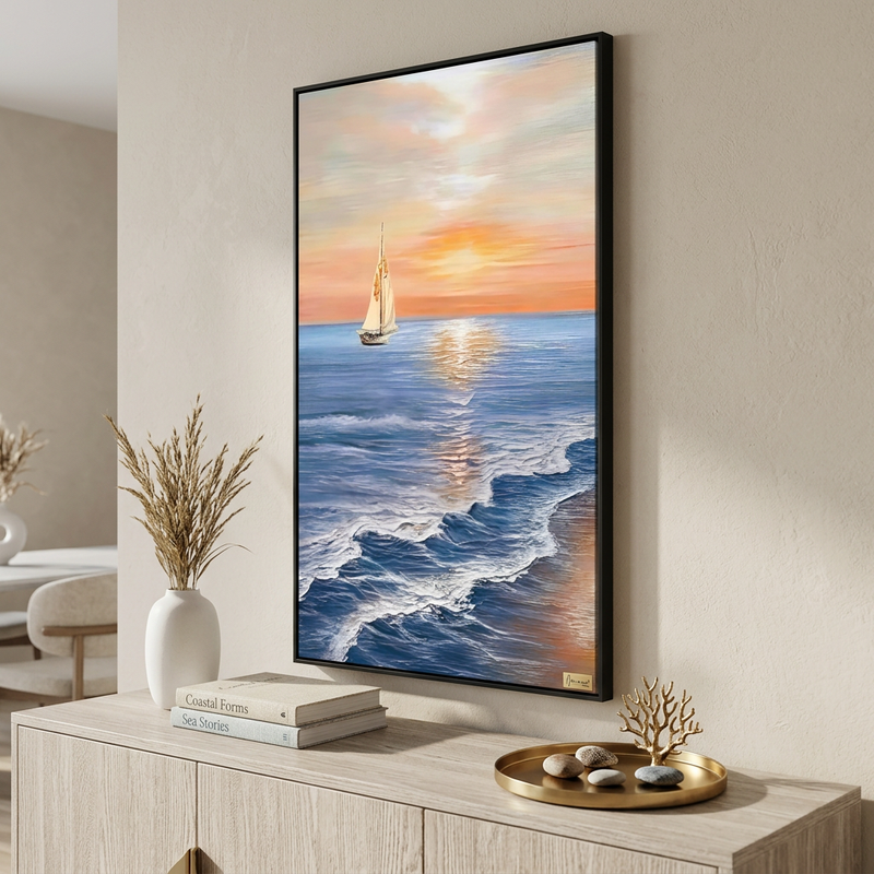 Golden Sunset Sailboat Textured Canvas Wall Art