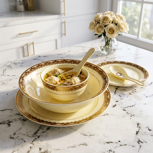 Regal Ivory & Gold Dinnerware Set with Filigree Borders 35 Pcs