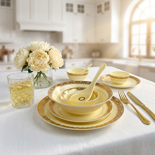 Regal Ivory & Gold Dinnerware Set with Filigree Borders 35 Pcs