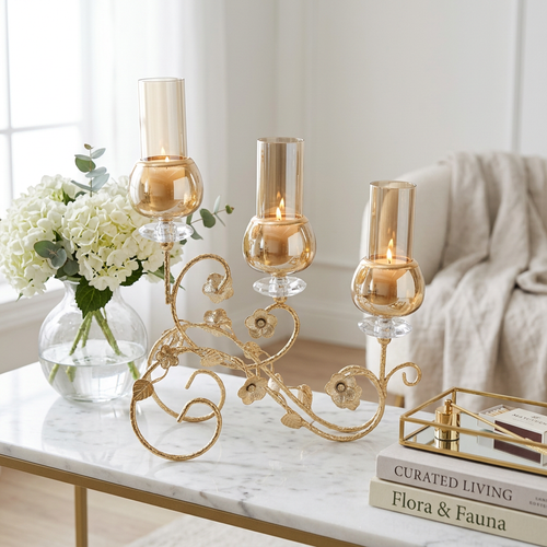 3 Arm Floral Vine Gold & Amber Glass Candle Holder