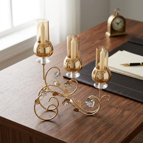 3 Arm Floral Vine Gold & Amber Glass Candle Holder