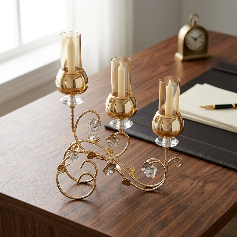 3 Arm Floral Vine Gold & Amber Glass Candle Holder