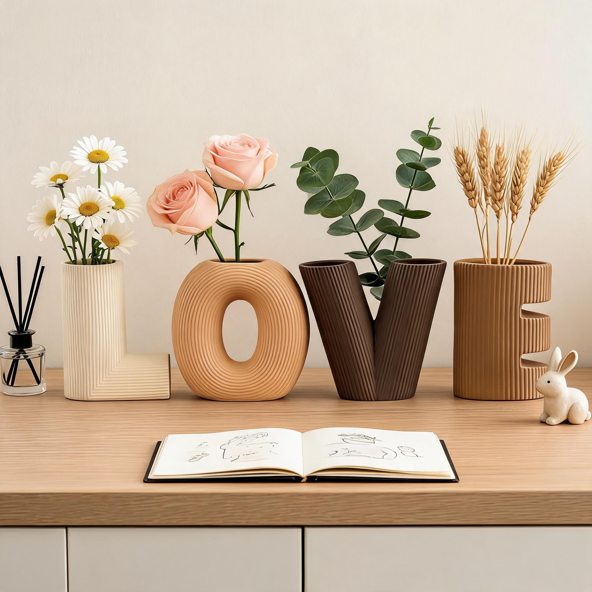 Elegant "LOVE" Sculptural Ceramic Vase Set 4 Piece