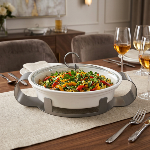 Minimalist Ceramic Chafing Dish with Glass Lid & Stand