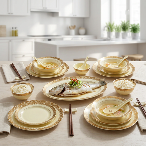 Regal Ivory & Gold Dinnerware Set with Filigree Borders 35 Pcs