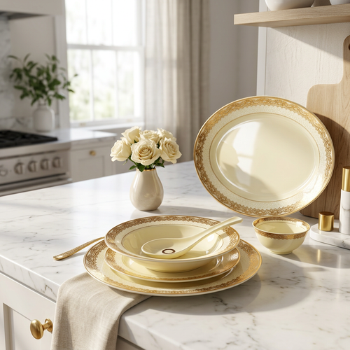 Regal Ivory & Gold Dinnerware Set with Filigree Borders 35 Pcs
