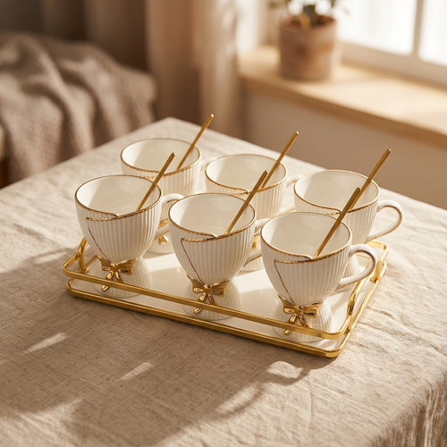 6-Piece Ceramic Dessert Bowl Set with Gold Tray & Spoons