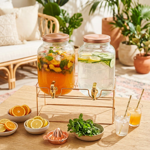 Double Glass Beverage Dispenser Set with Rose Gold Wire Stand