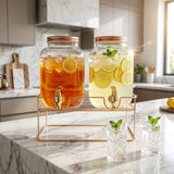 Double Glass Beverage Dispenser Set with Rose Gold Wire Stand