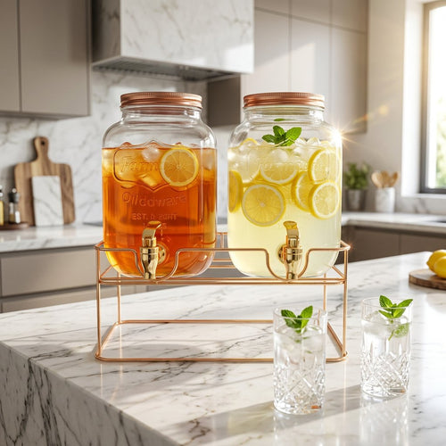 Double Glass Beverage Dispenser Set with Rose Gold Wire Stand