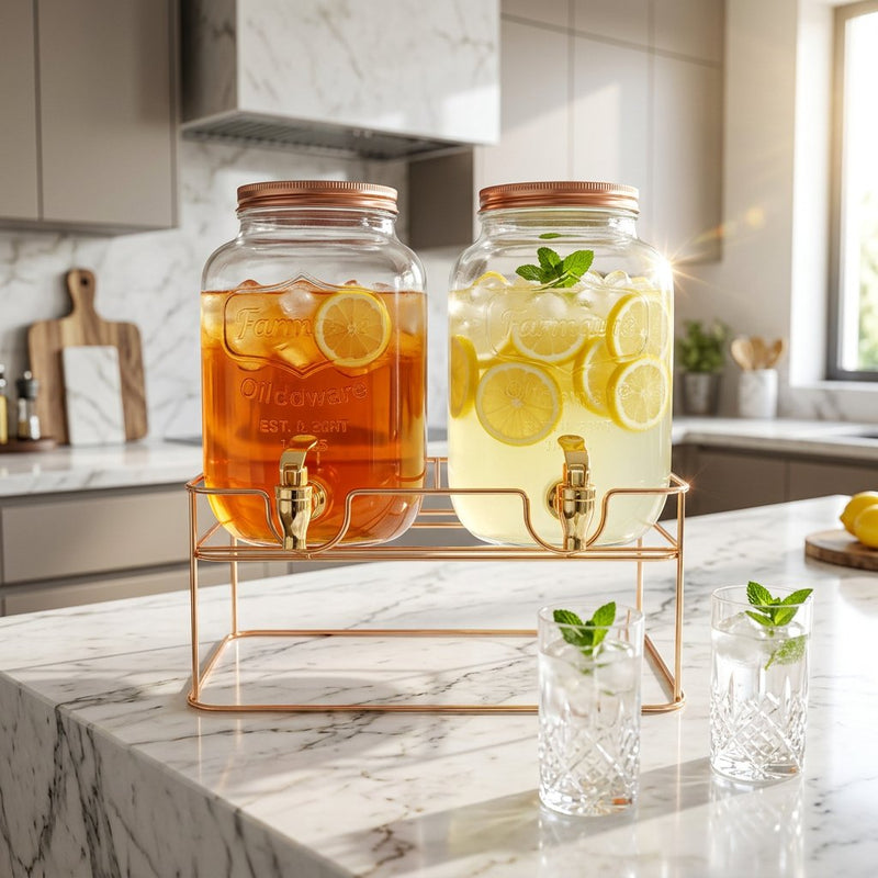 Double Glass Beverage Dispenser Set with Rose Gold Wire Stand
