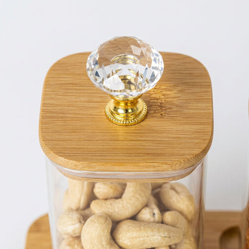 Glass Canister Trio with Wooden Tray & Crystal Knobs