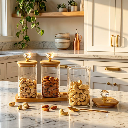 Glass Canister Trio with Wooden Tray & Crystal Knobs