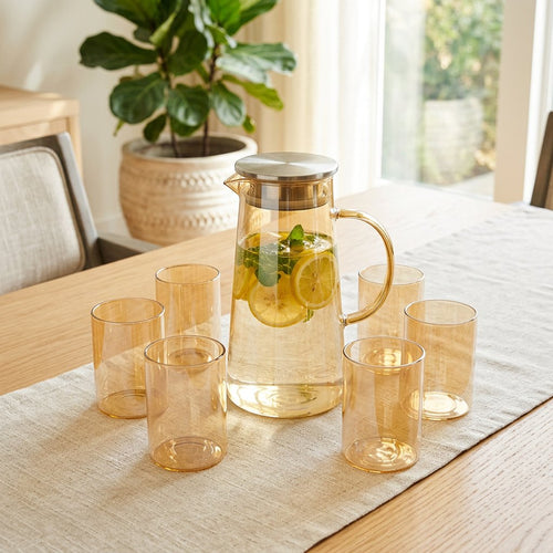Amber Glass Water Pitcher Set with 6 Matching Glasses