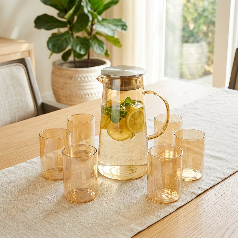 Amber Glass Water Pitcher Set with 6 Matching Glasses