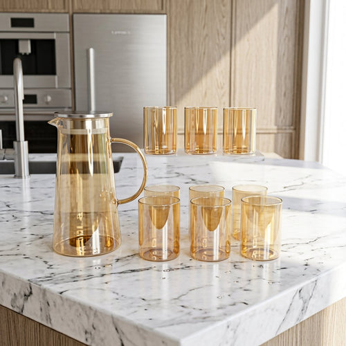 Amber Glass Water Pitcher Set with 6 Matching Glasses