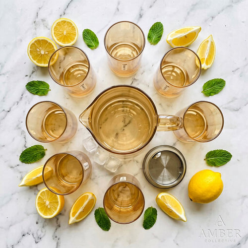 Amber Glass Water Pitcher Set with 6 Matching Glasses