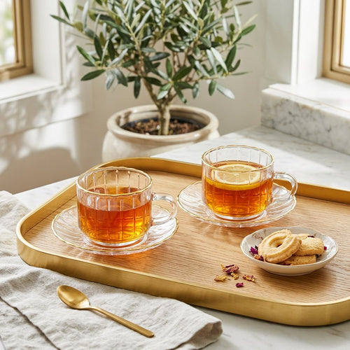 Elegant Glass Teacup and Saucer Set of 6