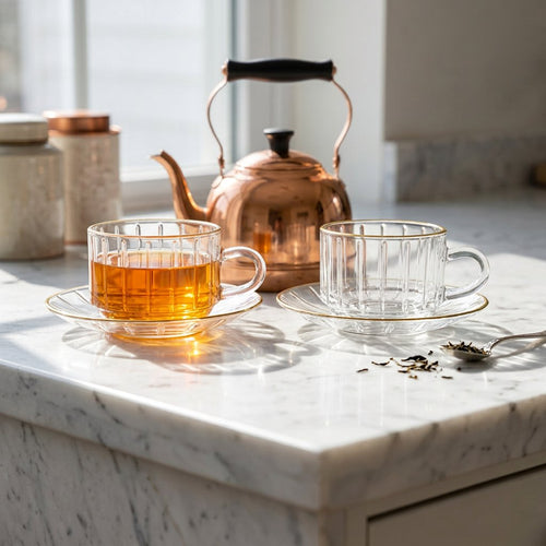 Elegant Glass Teacup and Saucer Set of 6