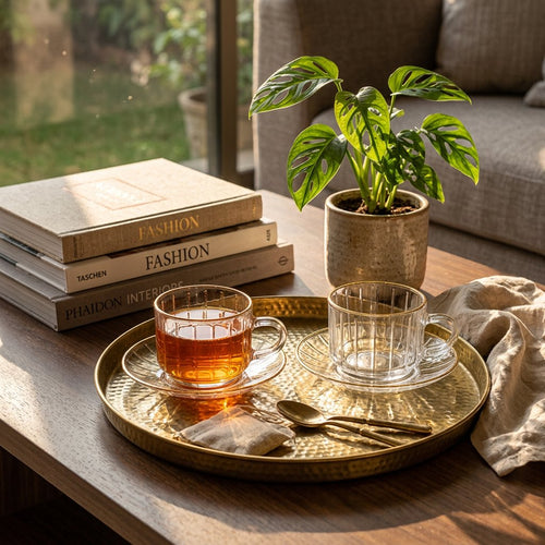 Elegant Glass Teacup and Saucer Set of 6