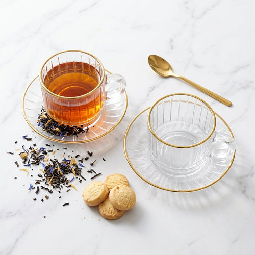 Elegant Glass Teacup and Saucer Set of 6