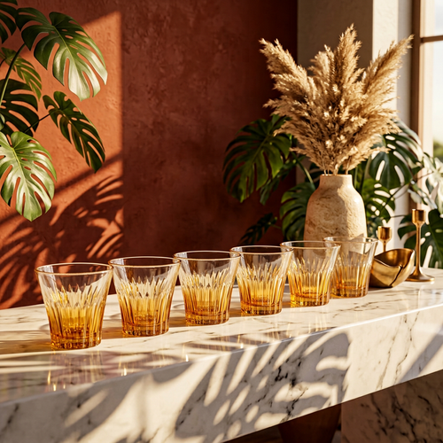 Elegant Amber Geometric Glass Set of 6