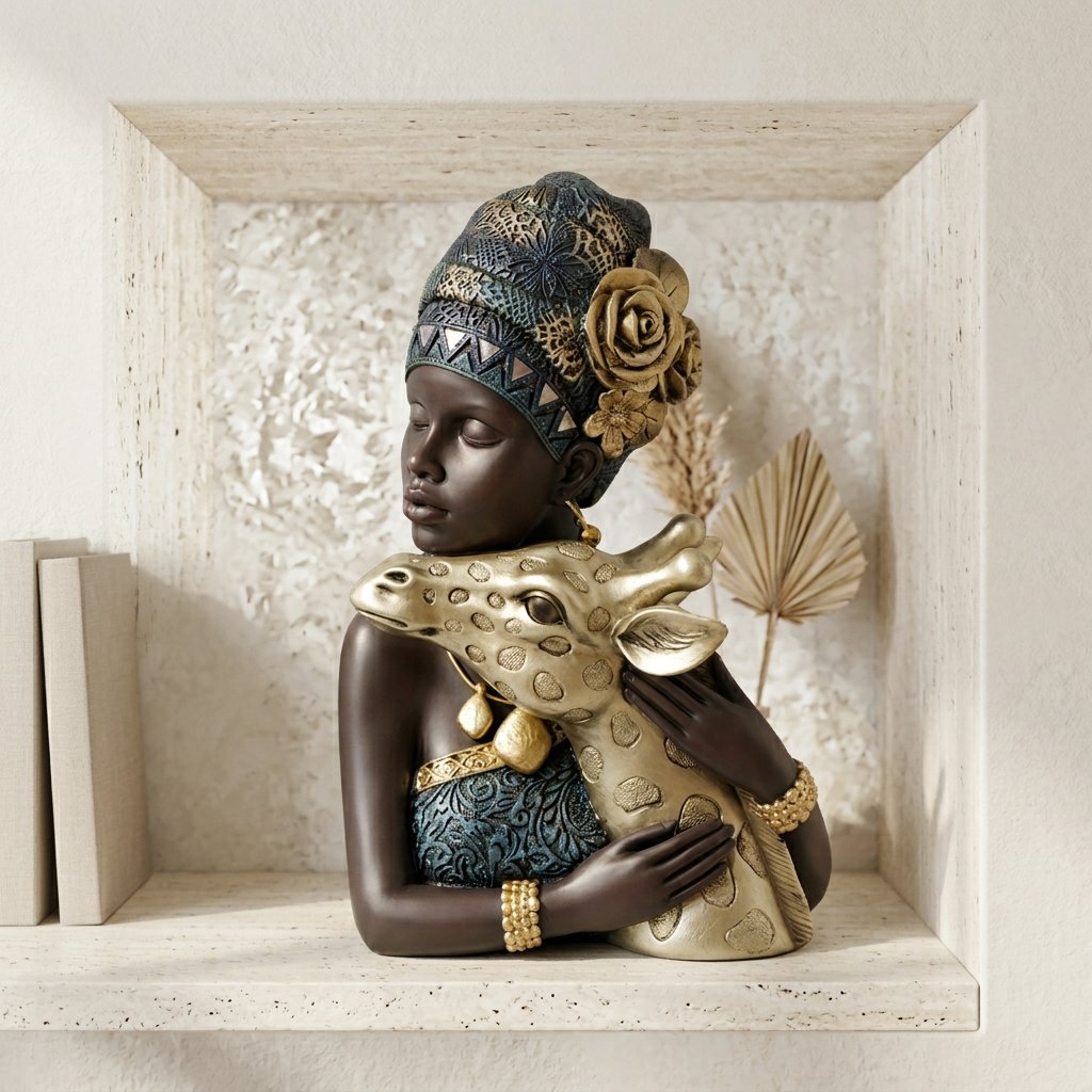 African Tribal Woman Bust with Golden Giraffe