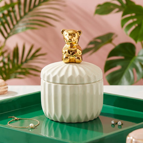 Tabletop Storage Jar with Gold Bear Accent