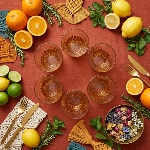 Elegant Amber Geometric Glass Set of 6