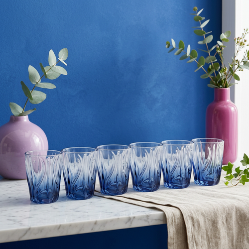 Modern Blue Waves & Flames Bourbon Glass Set of 6