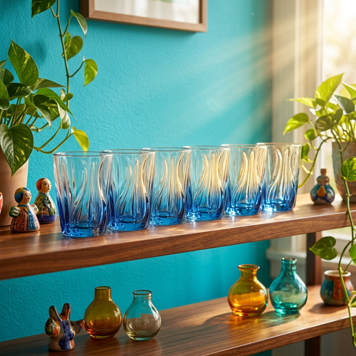 Modern Blue Waves & Flames Bourbon Glass Set of 6