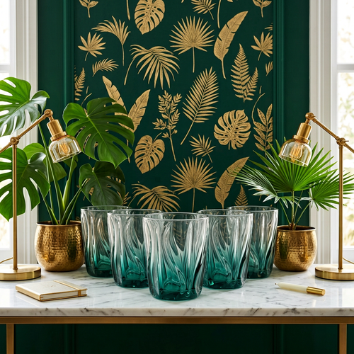 Modern Green Waves & Flames Bourbon Glass Set of 6