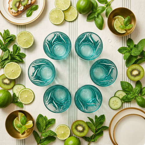 Modern Green Waves & Flames Bourbon Glass Set of 6