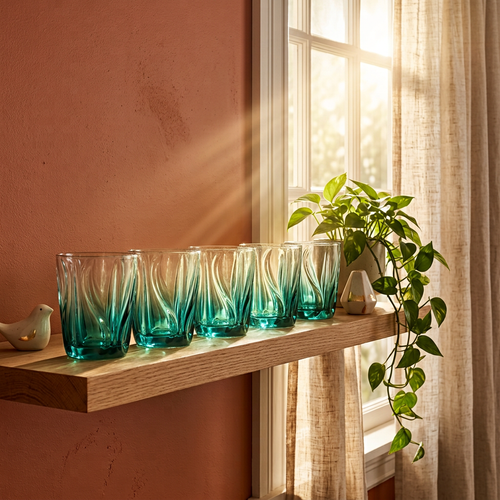 Modern Green Waves & Flames Bourbon Glass Set of 6