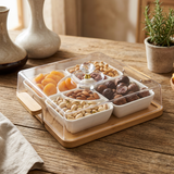 Modern White Serving Set with Bamboo Base Tray