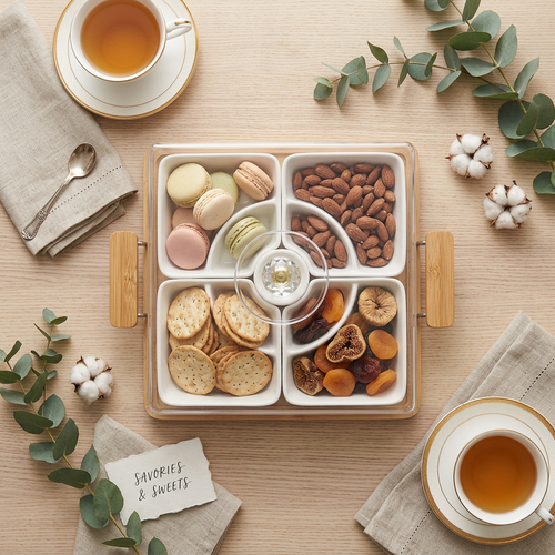 Modern White Serving Set with Bamboo Base Tray