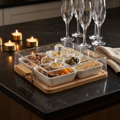 Modern White Serving Set with Bamboo Base Tray